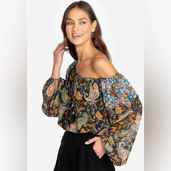 NWT Johnny Was Adela Paisley Print Mixed Long Sleeve Top in Black Multi Large - Picture 1 of 12